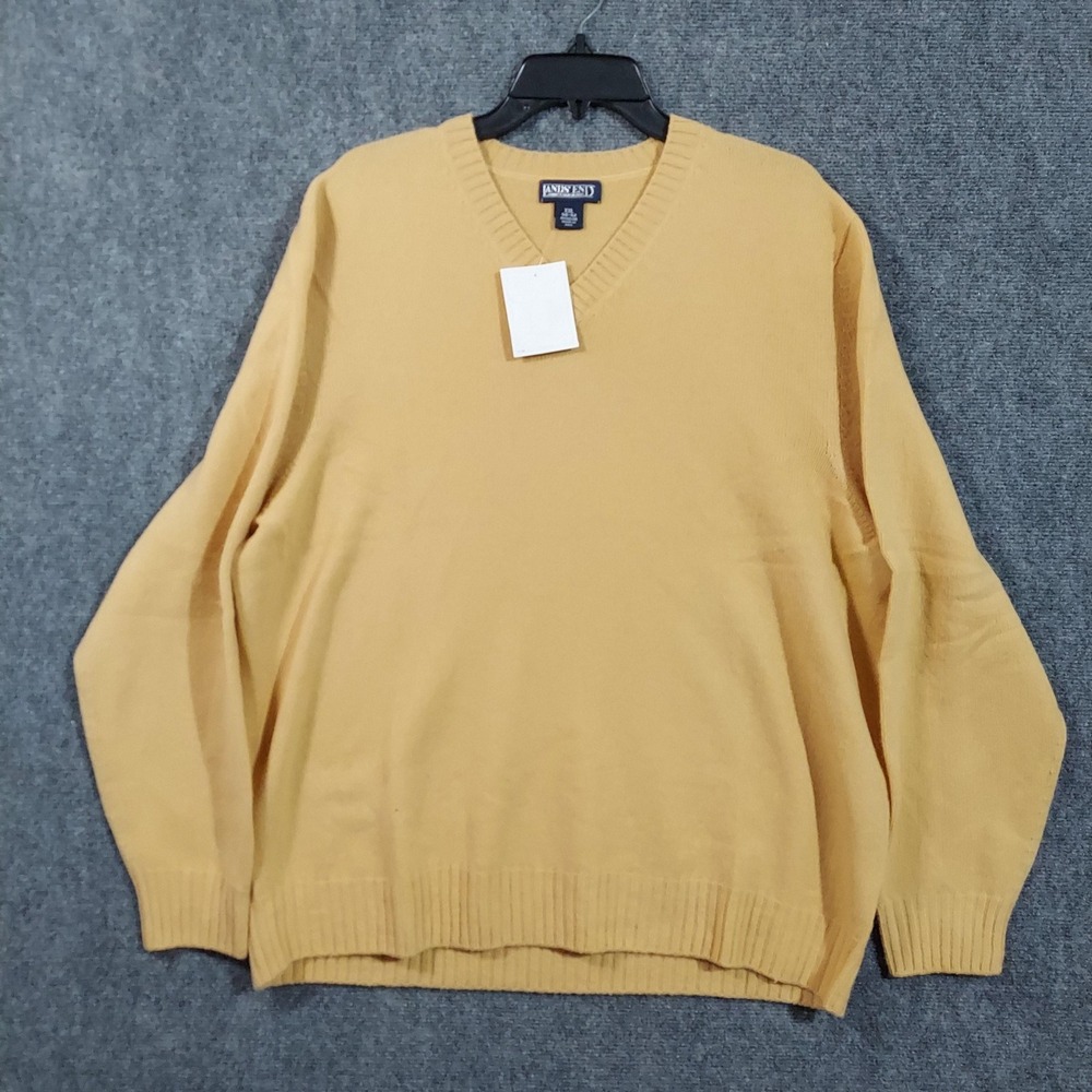 Vintage Lands End Sweater Mens 2XL Beige Lambswool V Neck Knit Pullover Made USA